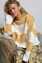 Striped Pattern Chenille Sweater Long Sleeve Mock Neck Top