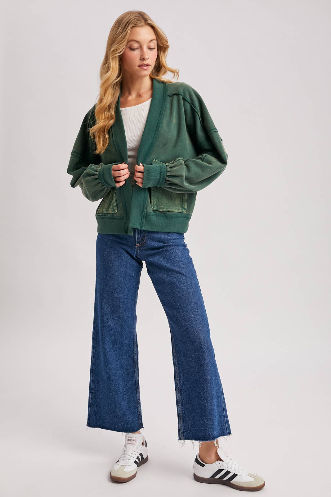 WASHED COLLARLESS OPEN FRONT CARDIGAN