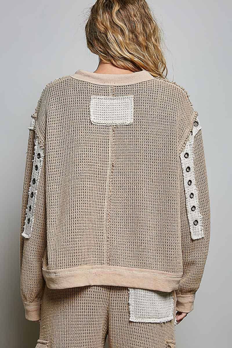 Solid Eyelet Stud Contrast Color Blocked Patch Knit Top