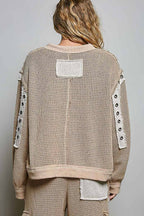 Solid Eyelet Stud Contrast Color Blocked Patch Knit Top