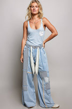 Stripe Patch High Rise Wide Leg Twill Pants