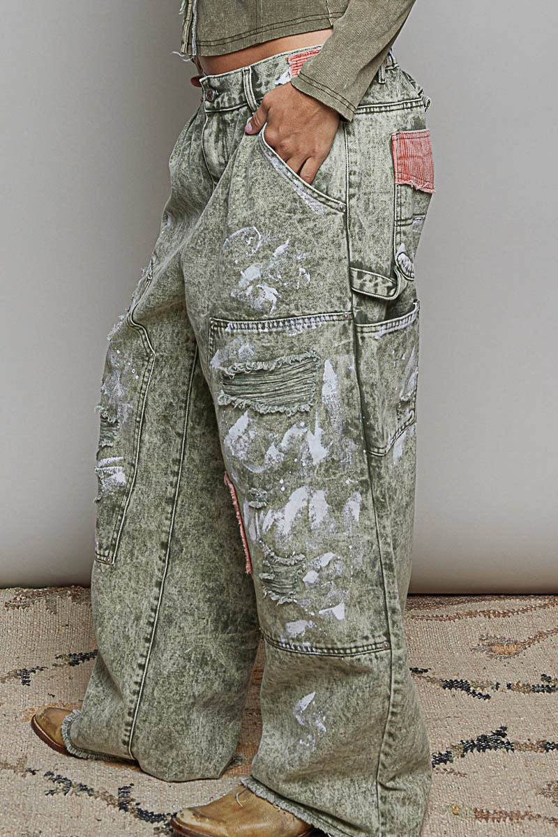 Raw-Edge Hem Back Waistband Woven Wide-Leg Carpenter Pants