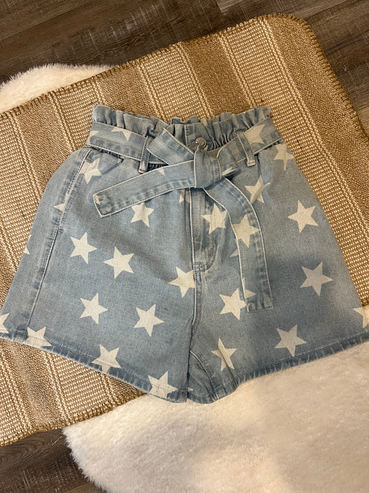 Star denim paper bag belted shorts