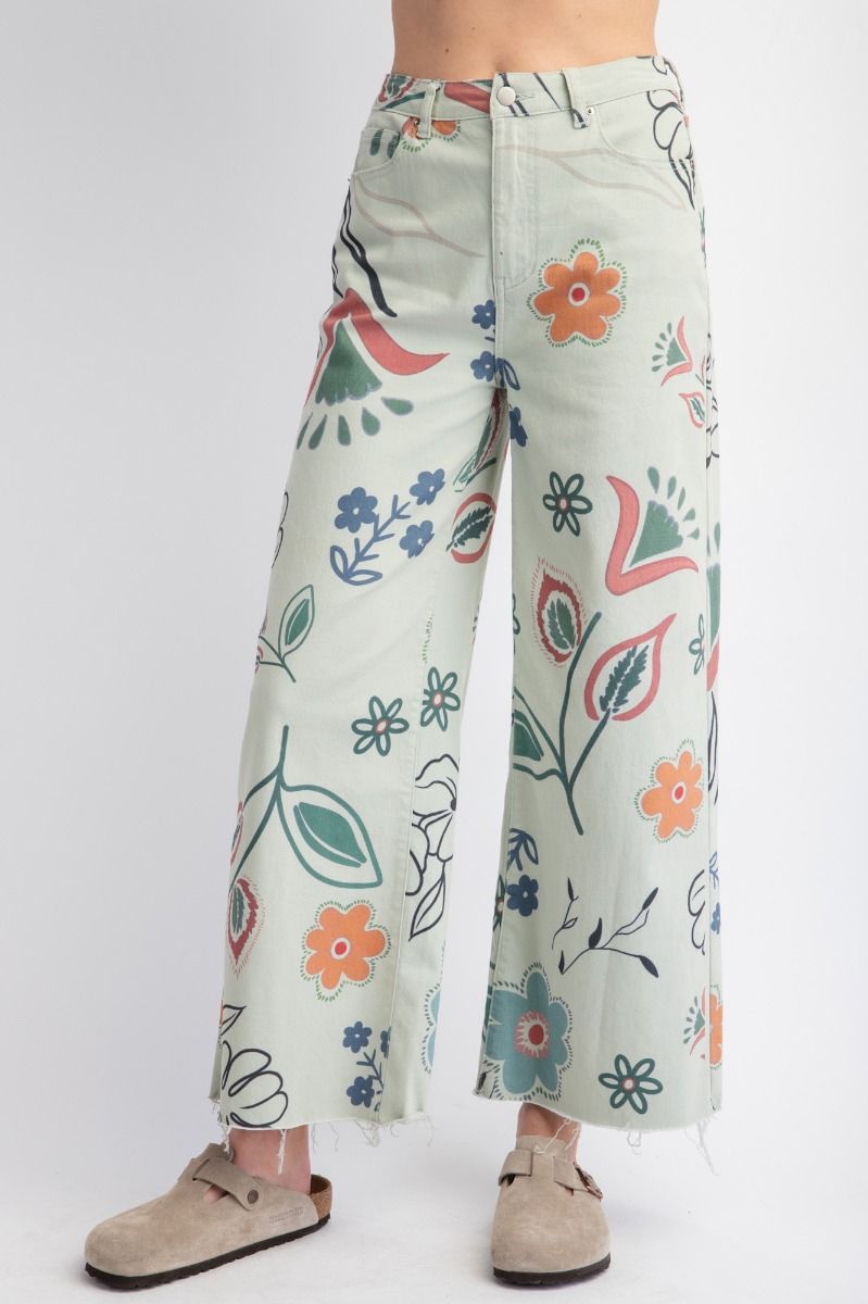 Printed Washed-Sage Twill Pants