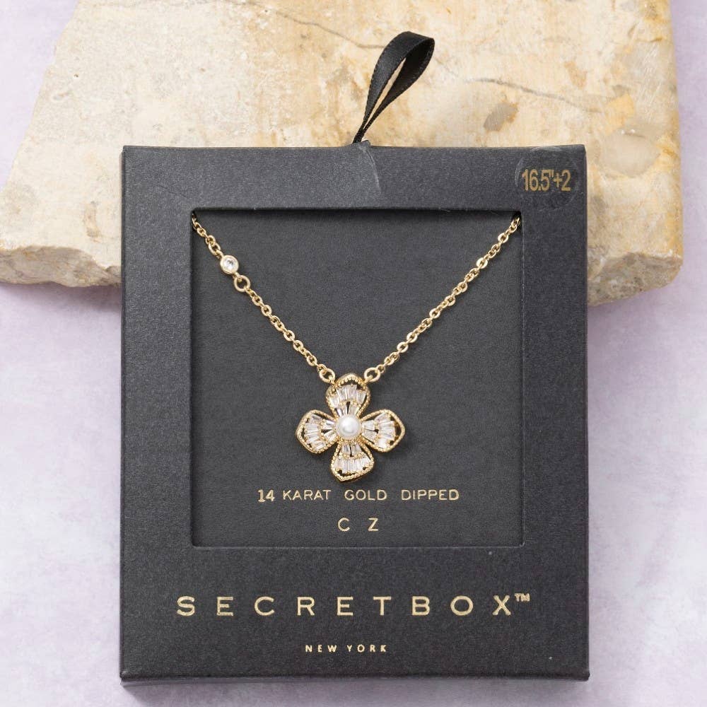 14K Gold Dipped Cz Pearl Flower Necklace