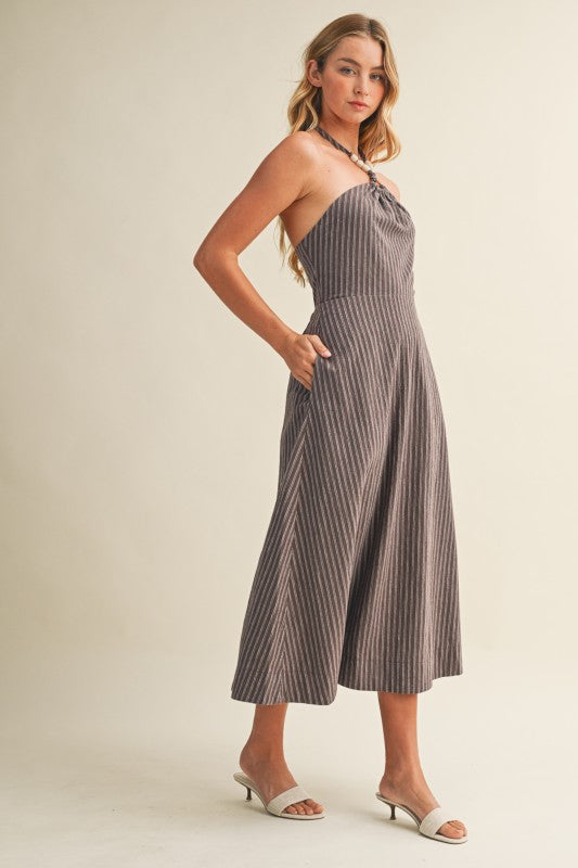Beaded Striped Halter Dress