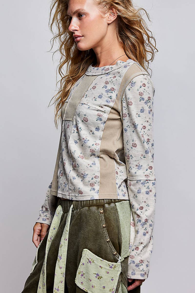 Floral Print Vintage Wash Slim Fit Long Sleeve Knit Top
