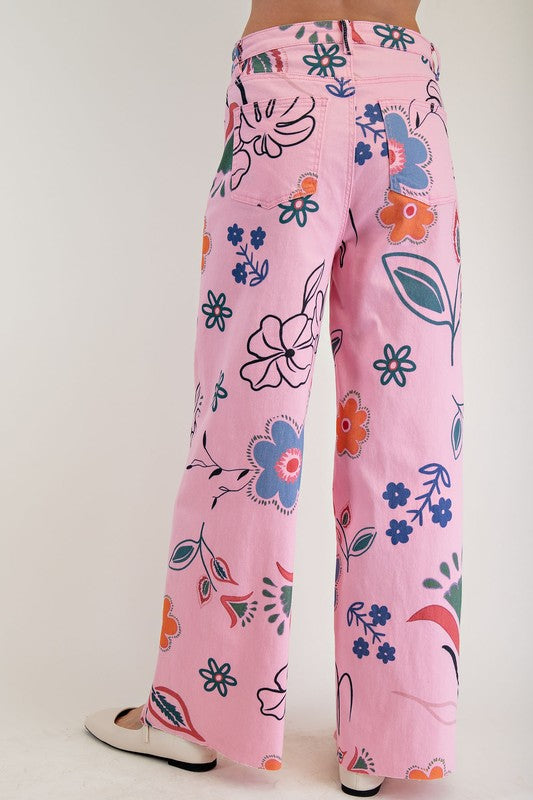 Floral Printed Twill Wide Leg Pants-Pink