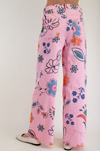 Floral Printed Twill Wide Leg Pants-Pink
