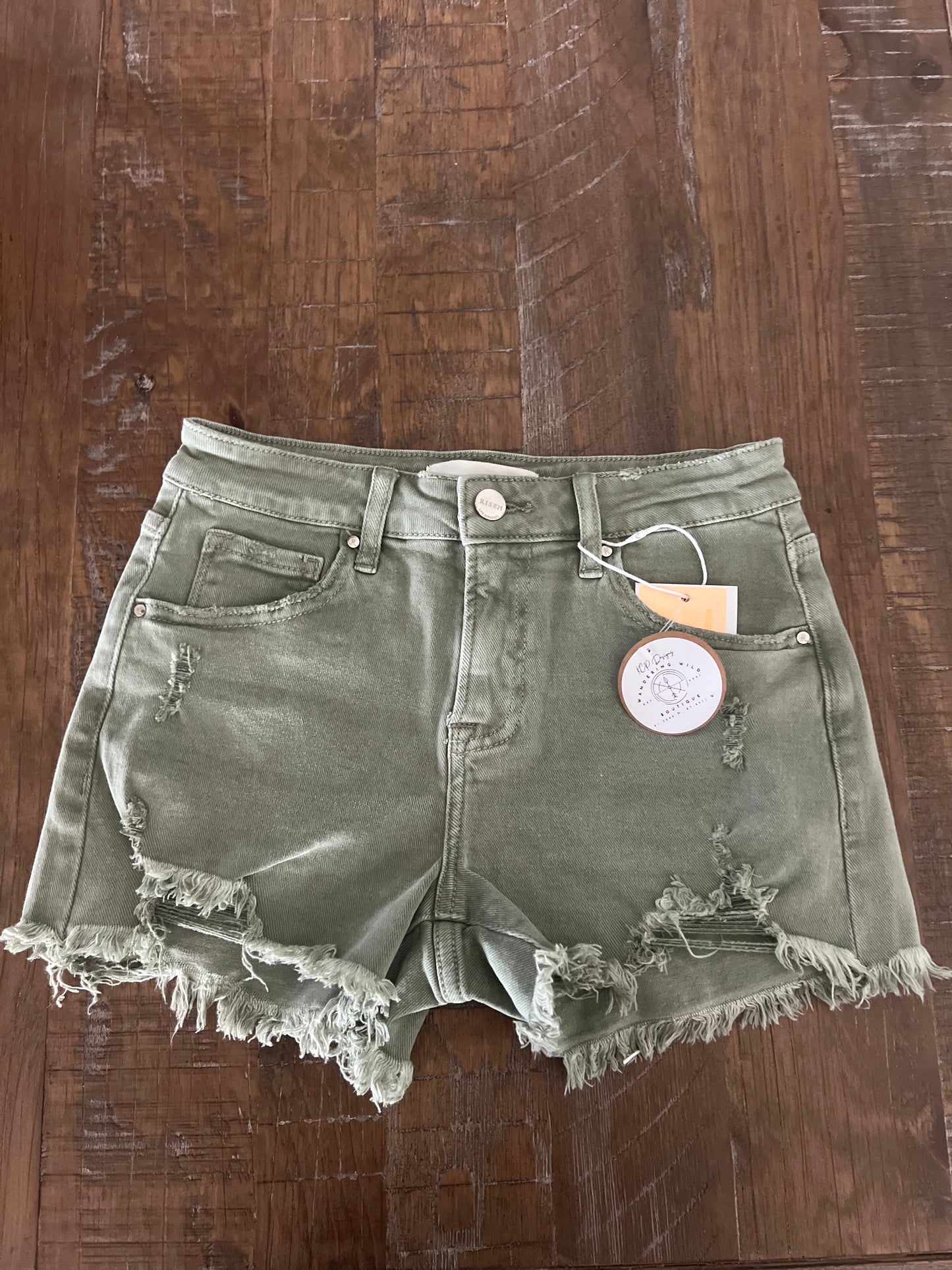 Olive mid-rise risen denim shorts