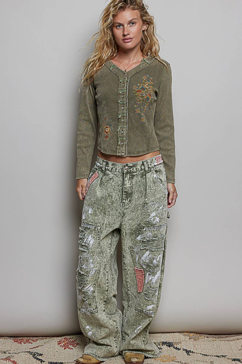 Raw-Edge Hem Back Waistband Woven Wide-Leg Carpenter Pants