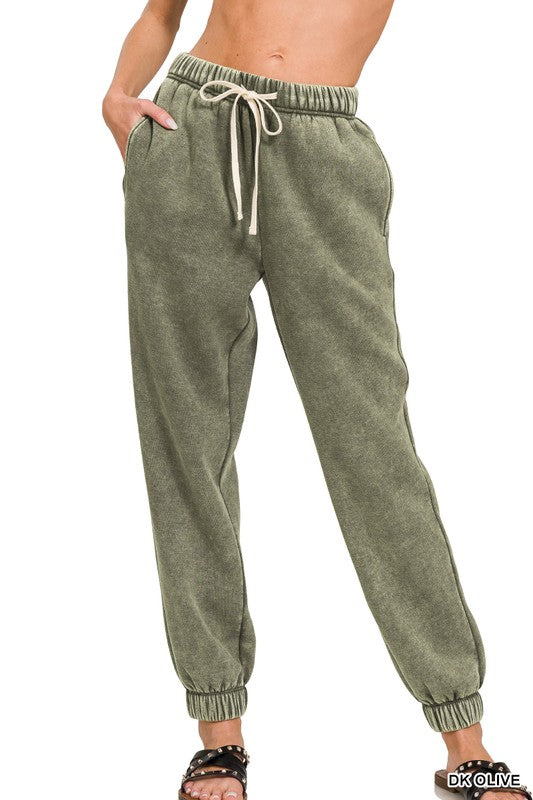 Acid wash fleece jogger sweatpants- Dark Olive