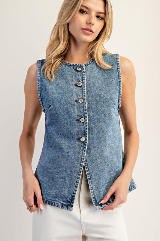 Button Slit Denim Vest