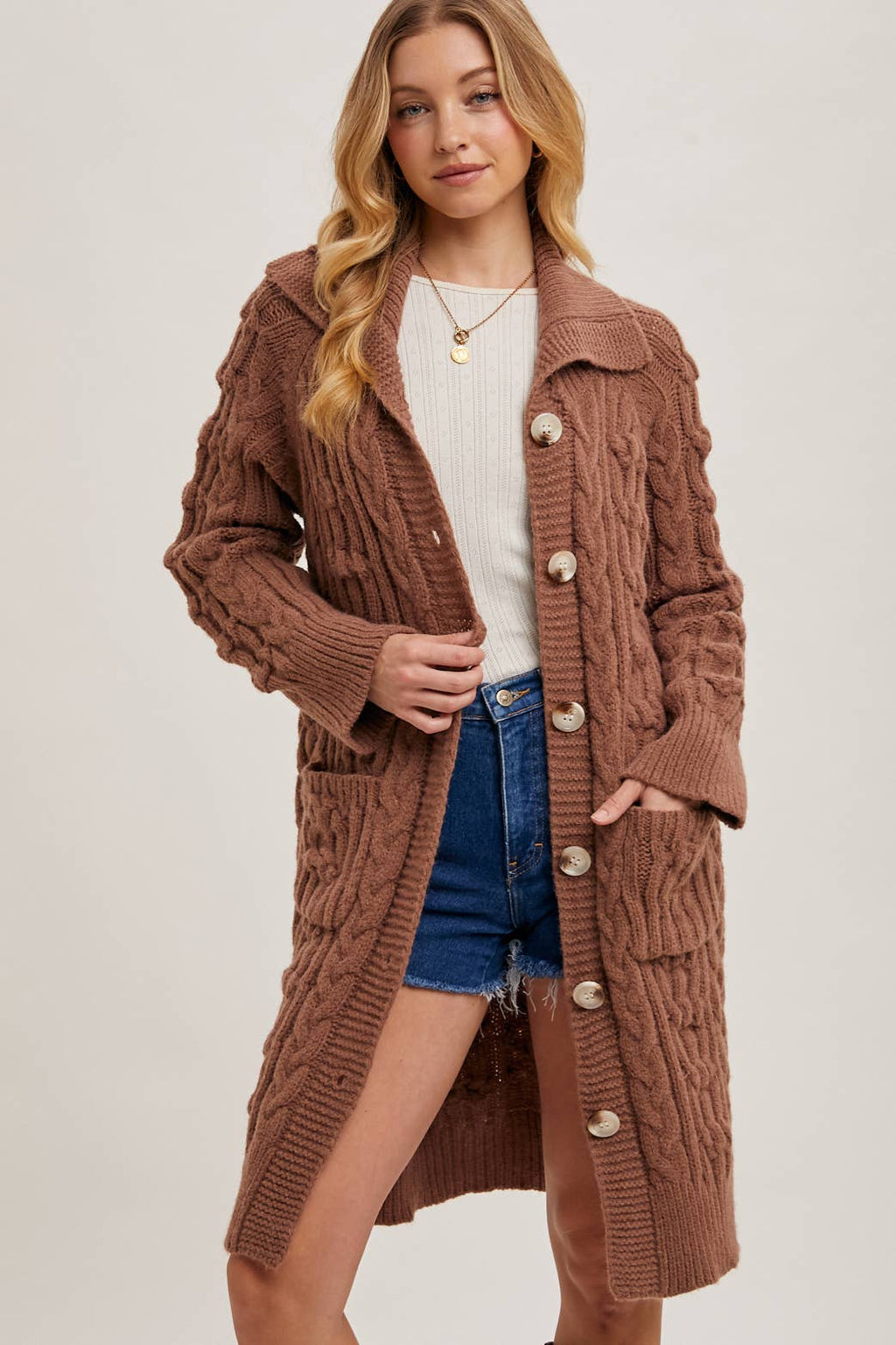 BUTTON DOWN CABLE KNIT SWEATER CARDIGAN