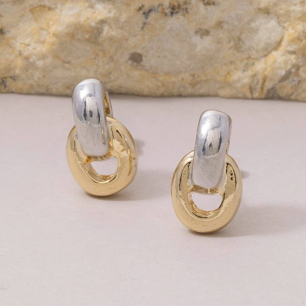 Two-Tone Linked Oval Huggie Drop Earrings