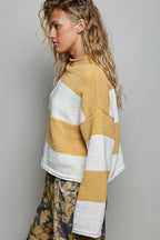 Striped Pattern Chenille Sweater Long Sleeve Mock Neck Top