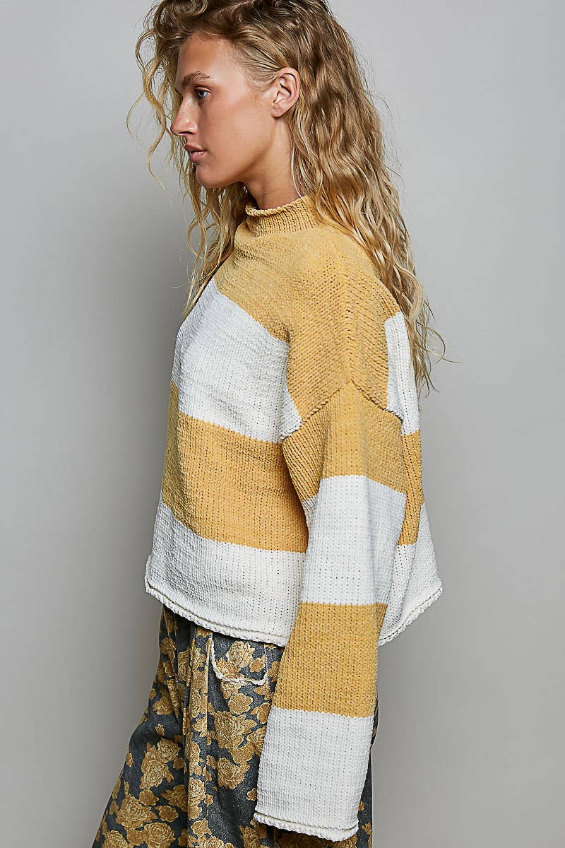 Striped Pattern Chenille Sweater Long Sleeve Mock Neck Top