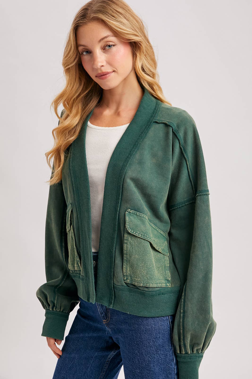 WASHED COLLARLESS OPEN FRONT CARDIGAN