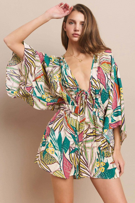 Batwing Sleeve Tropical Print Romper