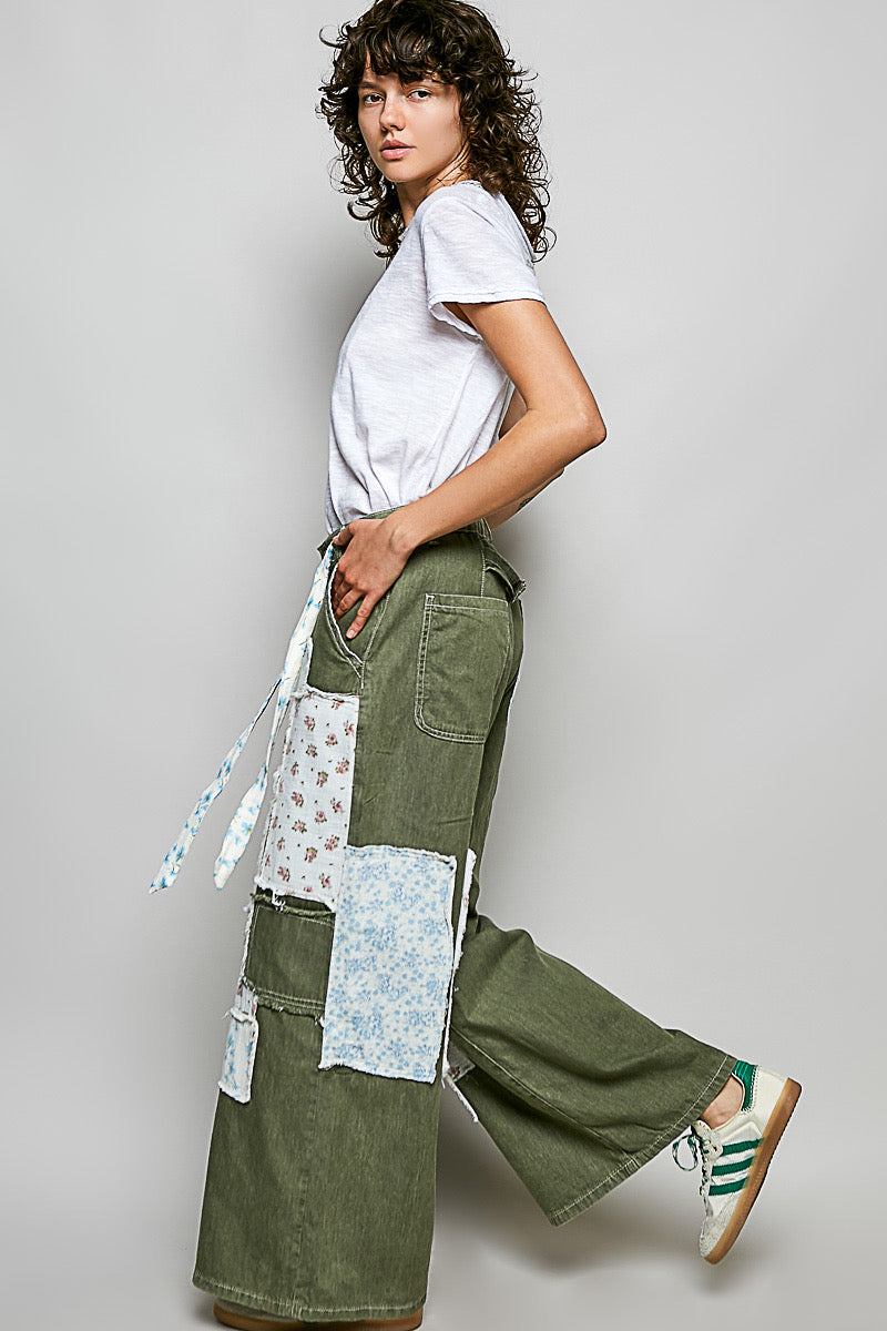 Twill Wide Leg Patchwork Pants