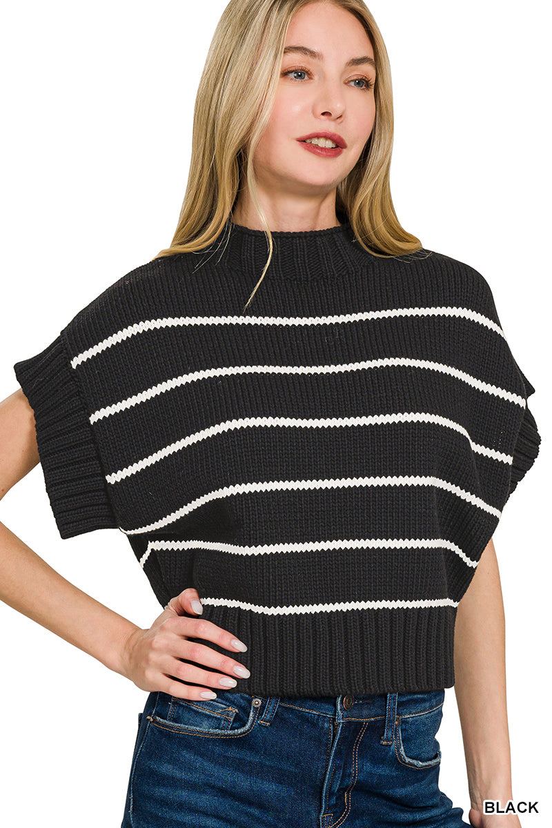 Striped Mock-Neck Sweater - Black
