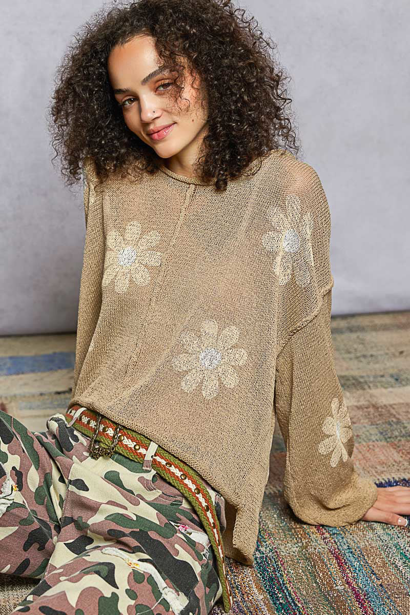 Daisy Print Round Neck Lightweight Sweater