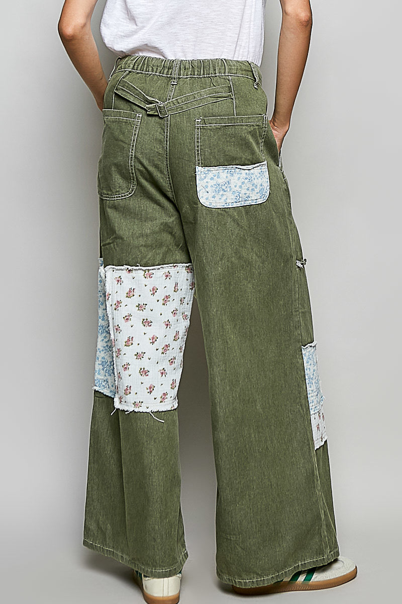 Twill Wide Leg Patchwork Pants