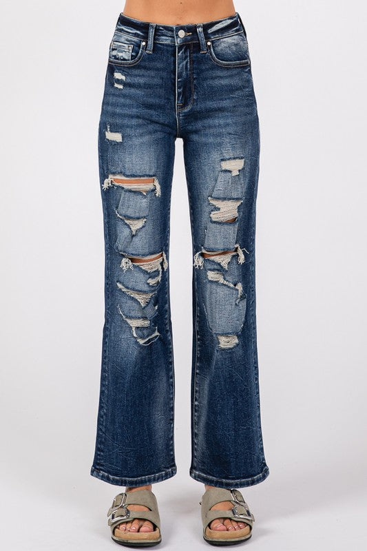 PETRA 153 Highrise destroyed super stretch wide leg denim