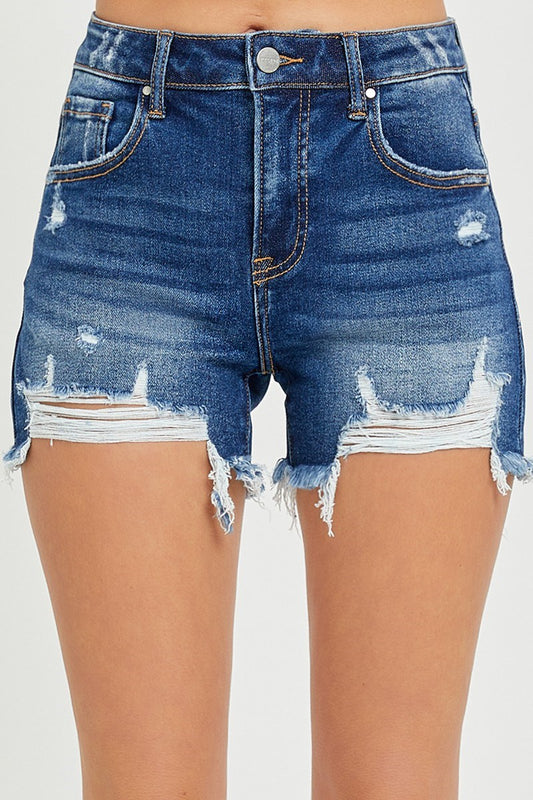 Risen high rise distressed denim shorts-dark