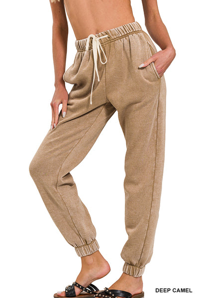 Acid wash fleece jogger sweatpants- deep camel