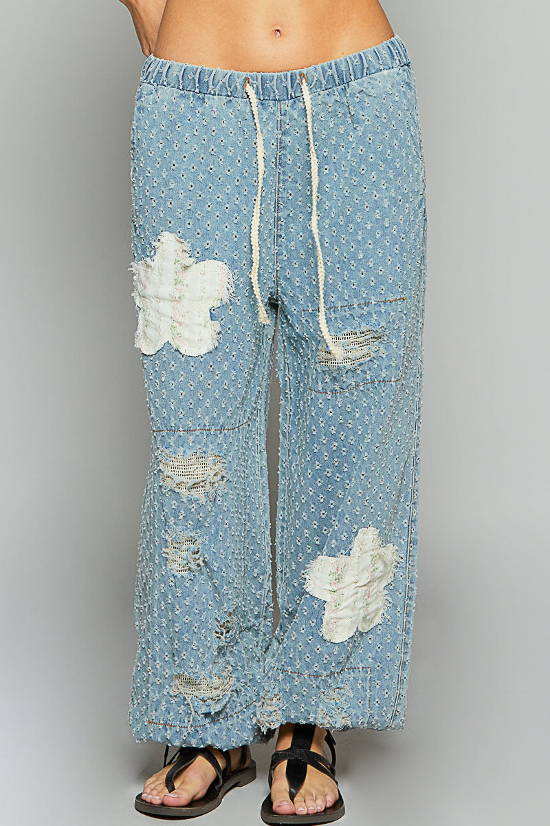 Denim Crochet Patched jogger pants