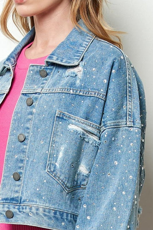 Rhinestone Cropped Denim Jacket