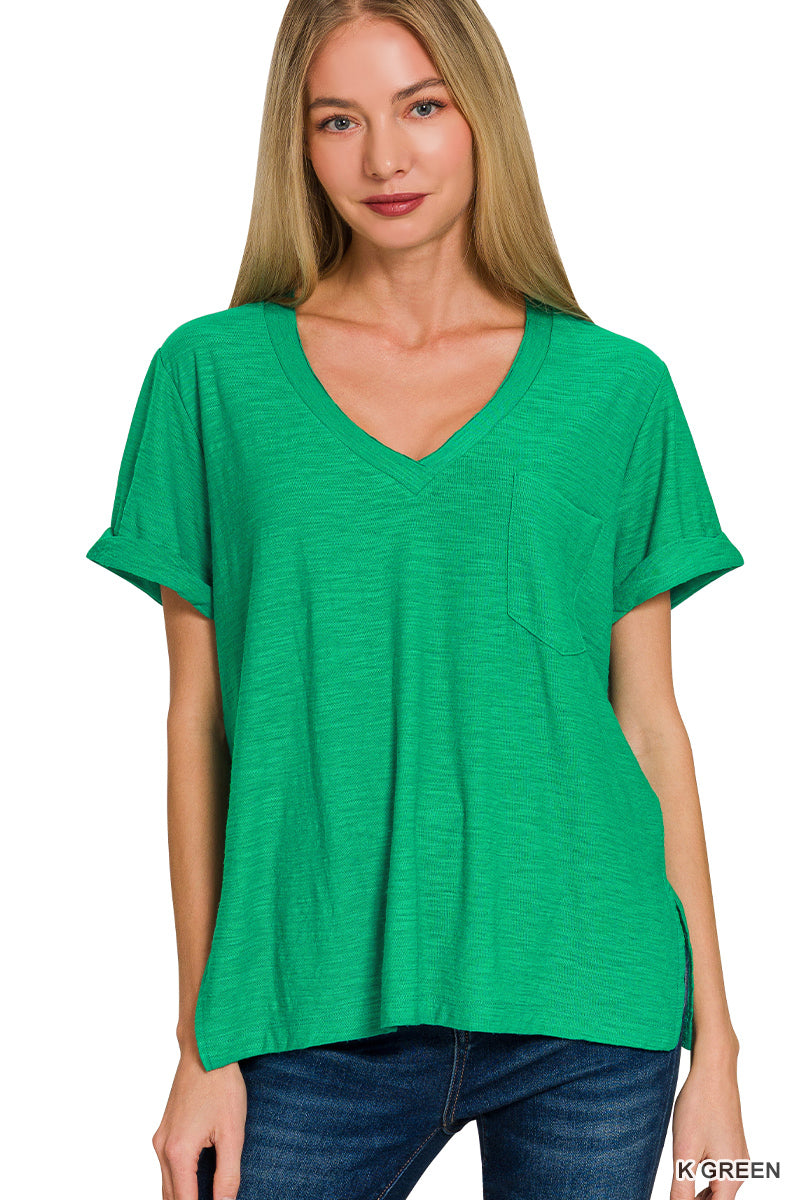 Slub Rolled Sleeve V-neck Tee