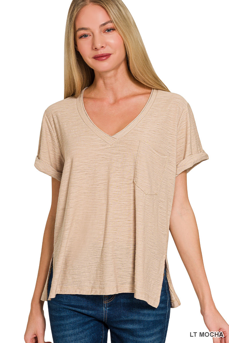 Slub Rolled Sleeve V-neck Tee