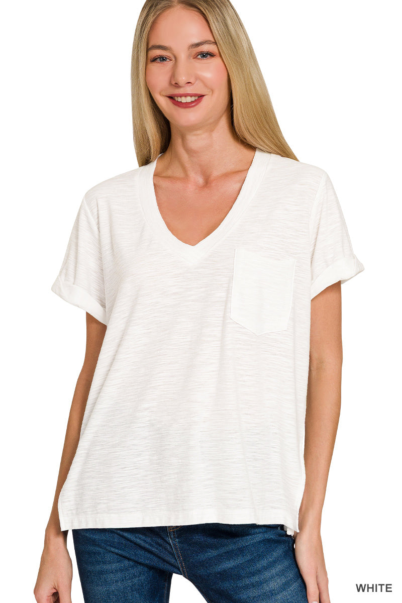 Slub Rolled Sleeve V-neck Tee