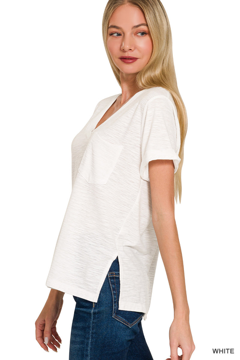 Slub Rolled Sleeve V-neck Tee