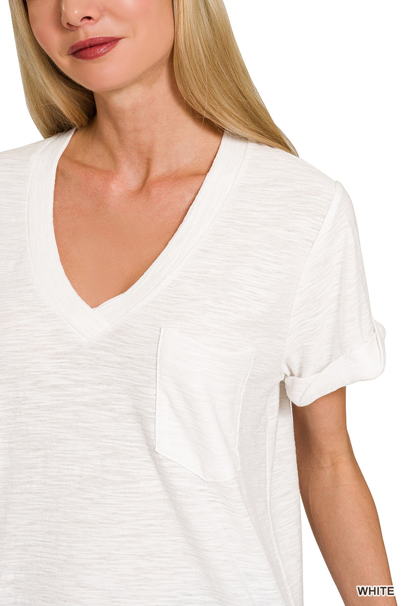 Slub Rolled Sleeve V-neck Tee