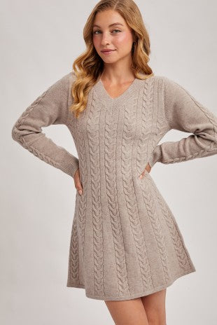 Cable Knit V-Neck Sweater Dress