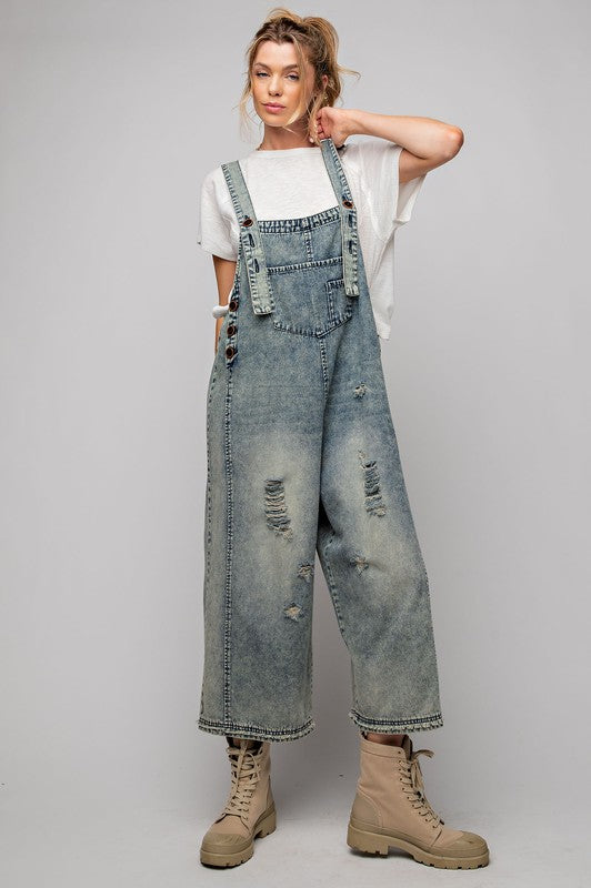 Washed denim overalls/jumpsuit