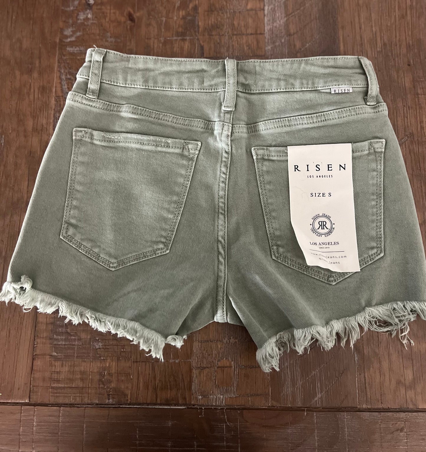 Olive mid-rise risen denim shorts