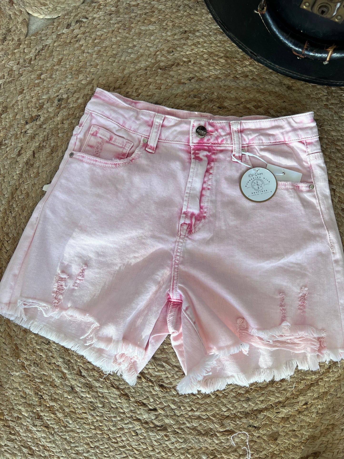 Risen Pink acid washed denim shorts