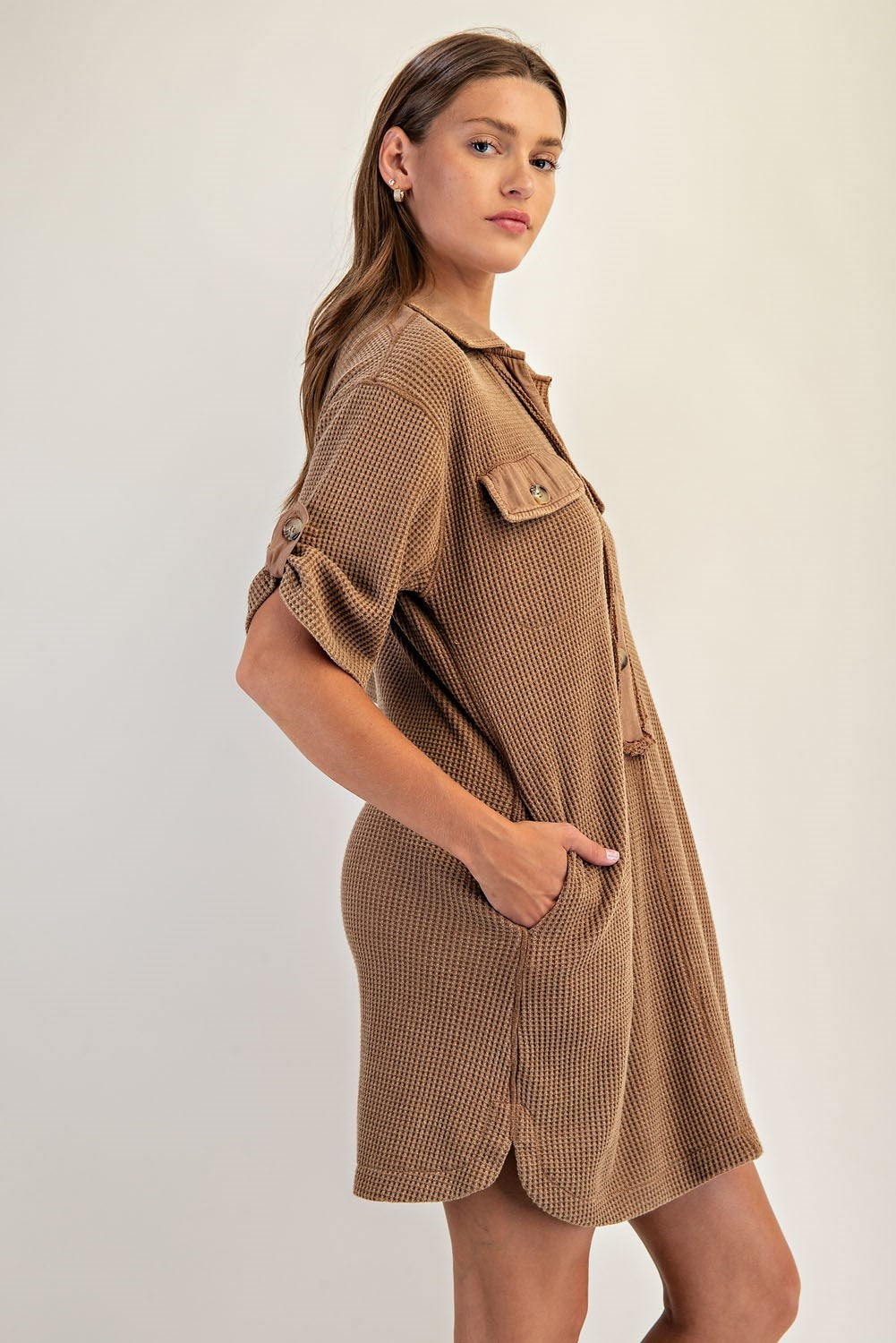 Waffle Knit Loose Fit Mini Dress