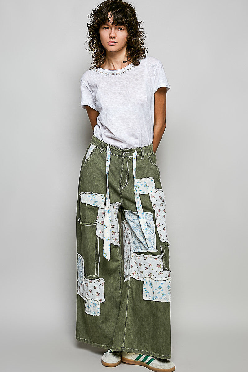 Twill Wide Leg Patchwork Pants