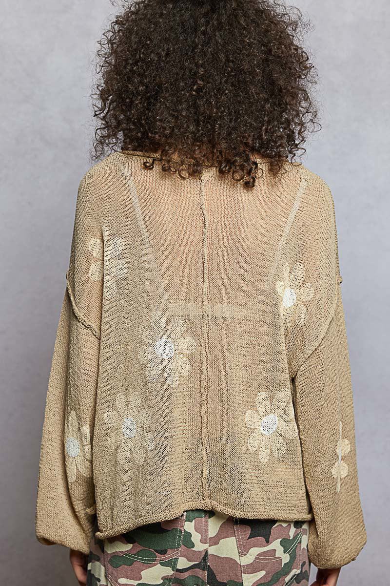Daisy Print Round Neck Lightweight Sweater
