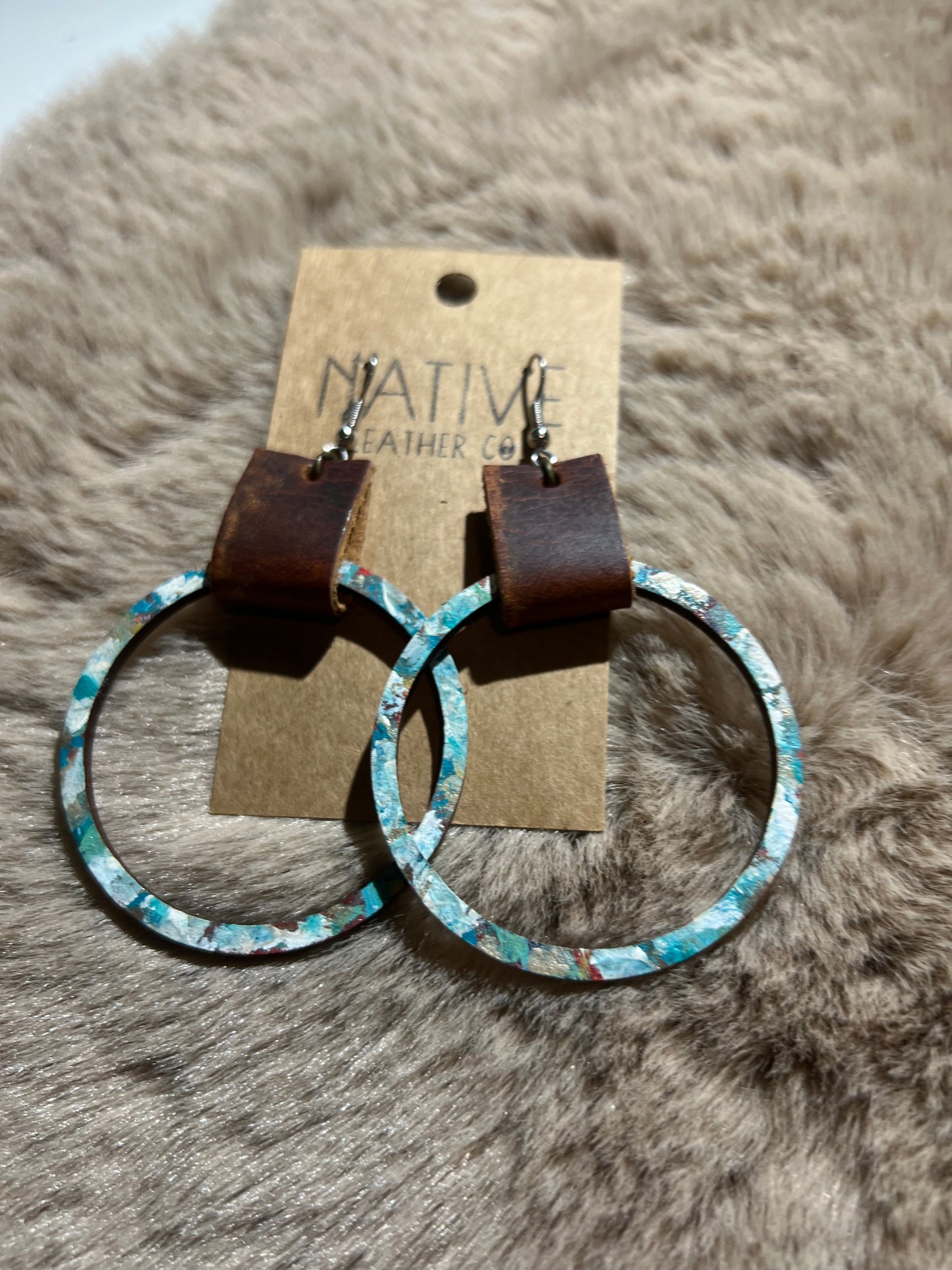 Native Leather Large Hand Painted Wood & leather tab earrings