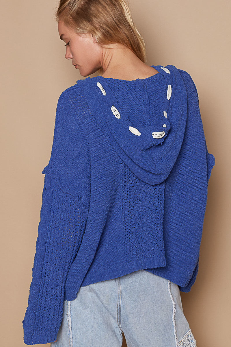 V-Neck Hooded Chenille Sweater