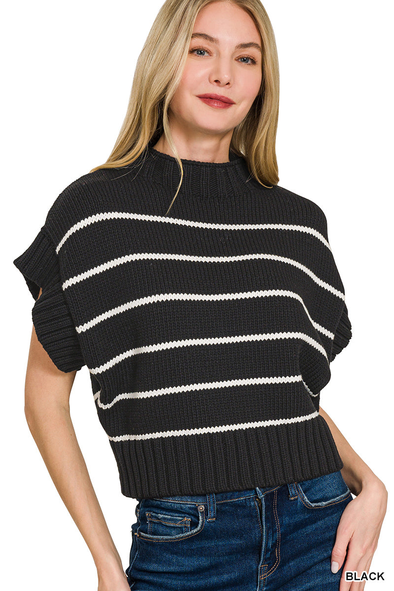Striped Mock-Neck Sweater - Black