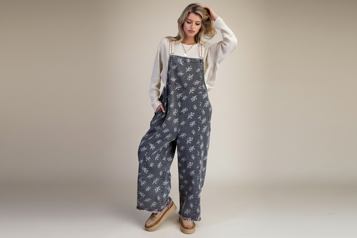 Floral Print Washed Overalls