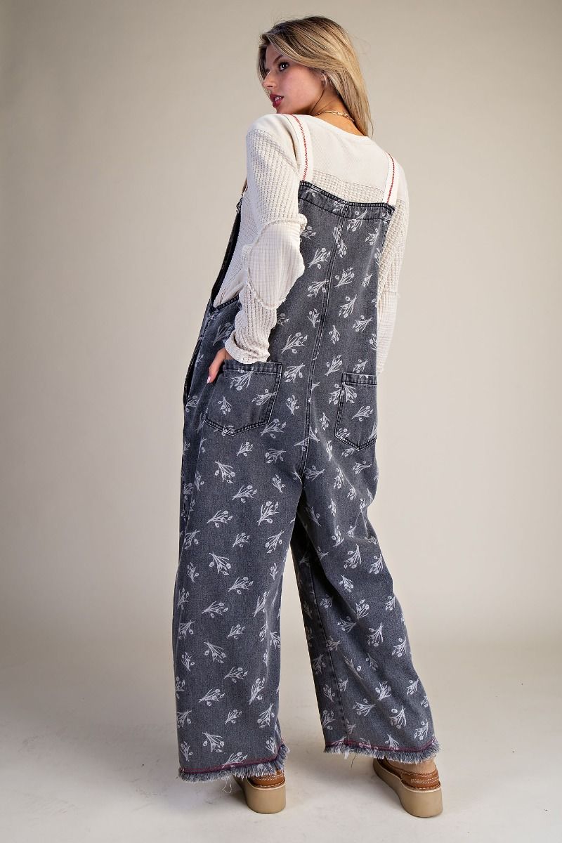 Floral Print Washed Overalls