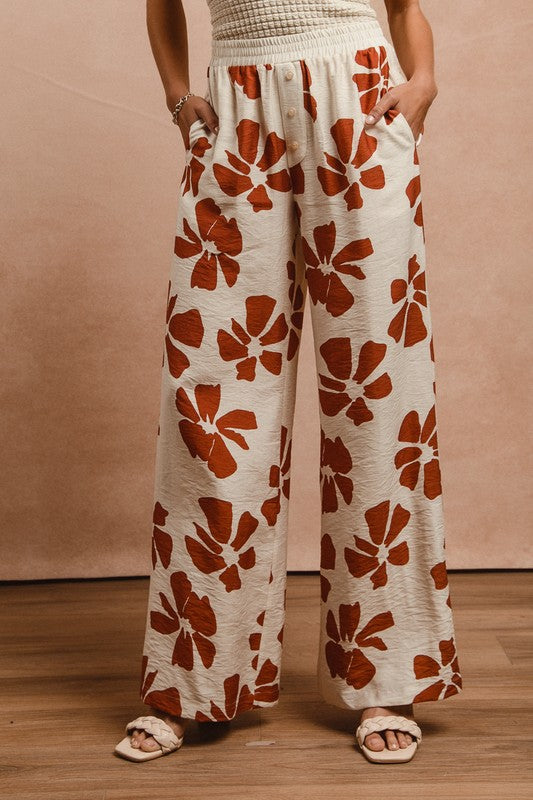 Floral Print Elastic Waist Pants